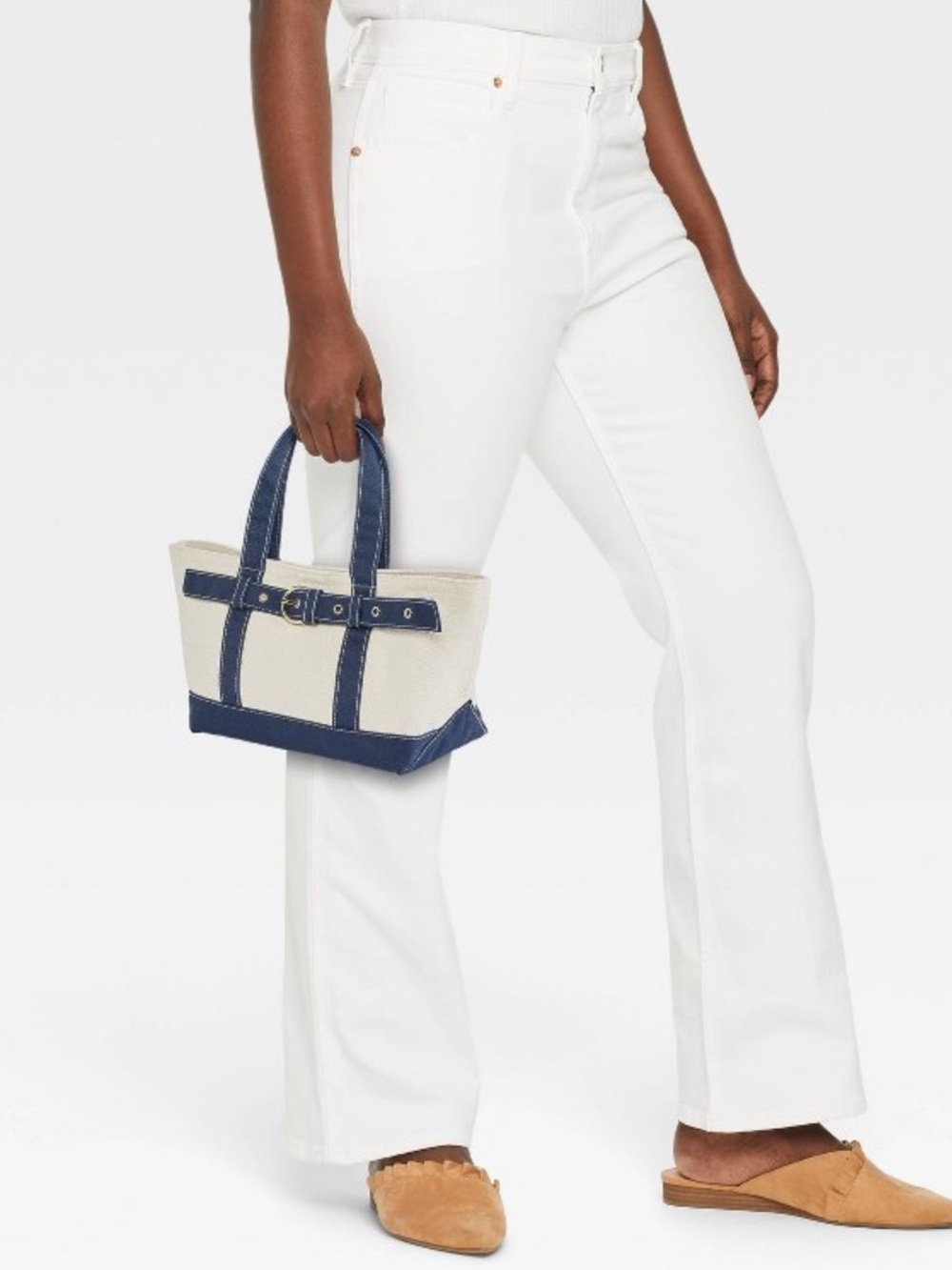 Universal Thread Navy and Cream Mini Canvas Belt-Accent Tote - Picture 4 of 5
